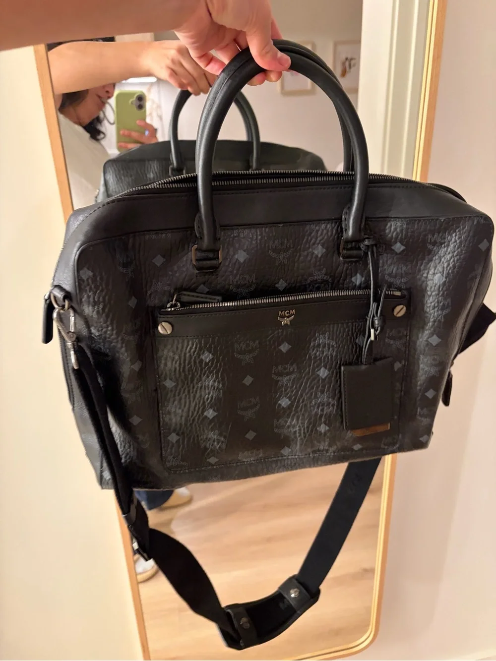 MCM Black Visetos Logo Leather Briefcase with Detachable Strap